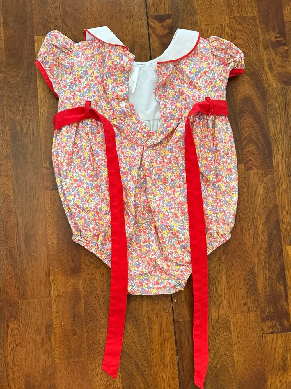Red Floral Smocked Baby One-Piece with Embroidered Collar